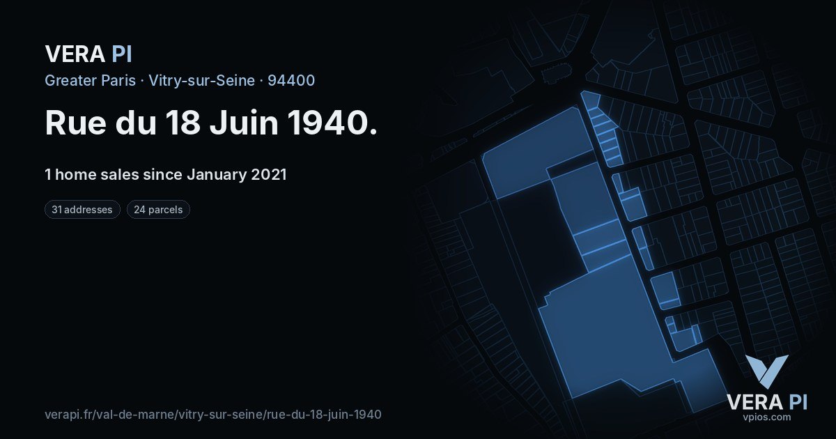 Rue du 18 Juin 1940, Vitry-sur-Seine at night – every parcel coloured by the prices around it, the street's own parcels lit