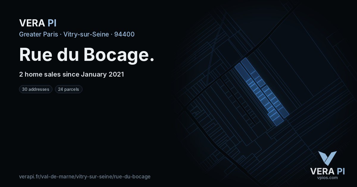 Rue du Bocage, Vitry-sur-Seine at night – every parcel coloured by the prices around it, the street's own parcels lit