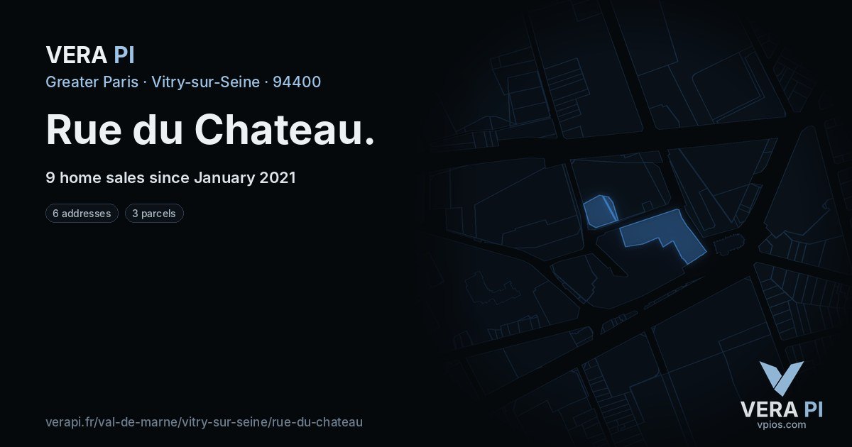 Rue du Chateau, Vitry-sur-Seine at night – every parcel coloured by the prices around it, the street's own parcels lit
