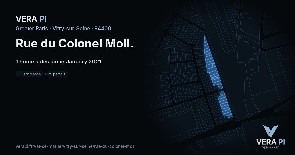 Rue du Colonel Moll, Vitry-sur-Seine at night – every parcel coloured by the prices around it, the street's own parcels lit