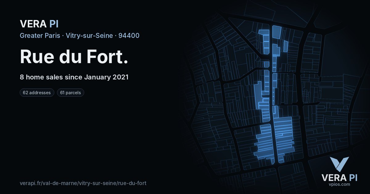 Rue du Fort, Vitry-sur-Seine at night – every parcel coloured by the prices around it, the street's own parcels lit