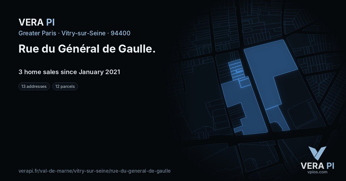 Rue du Général de Gaulle, Vitry-sur-Seine at night – every parcel coloured by the prices around it, the street's own parcels lit