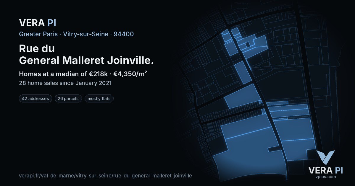 Rue du General Malleret Joinville, Vitry-sur-Seine at night – every parcel coloured by the prices around it, the street's own parcels lit