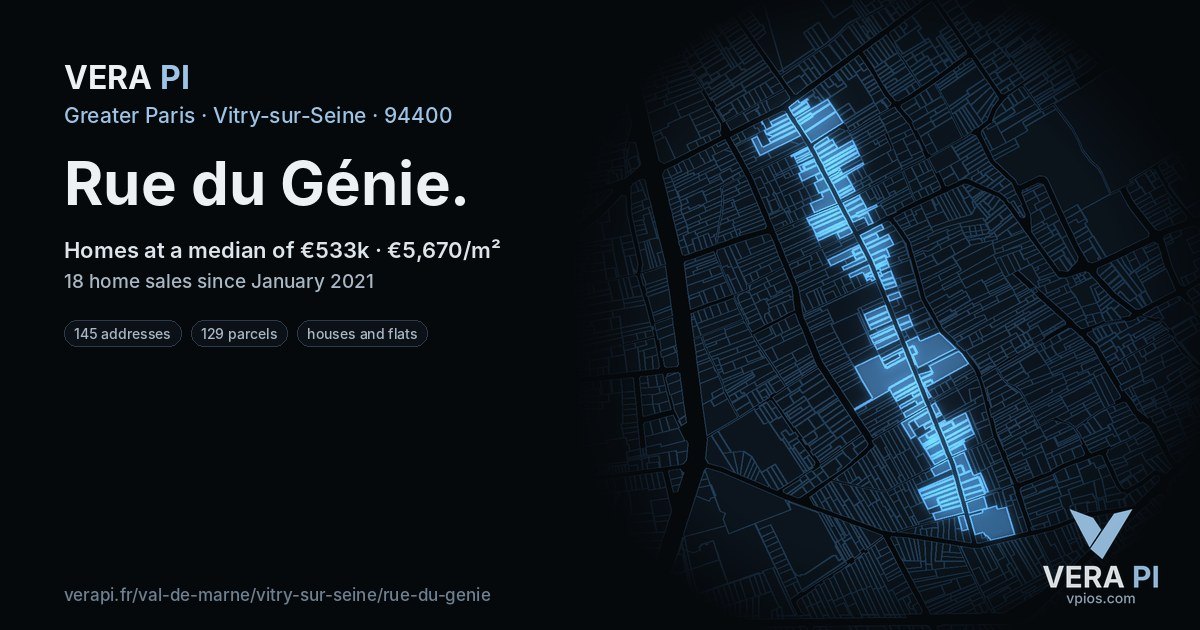 Rue du Génie, Vitry-sur-Seine at night – every parcel coloured by the prices around it, the street's own parcels lit