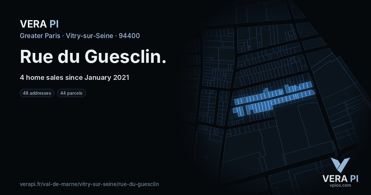Rue du Guesclin, Vitry-sur-Seine at night – every parcel coloured by the prices around it, the street's own parcels lit