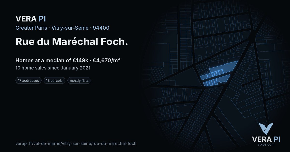 Rue du Maréchal Foch, Vitry-sur-Seine at night – every parcel coloured by the prices around it, the street's own parcels lit
