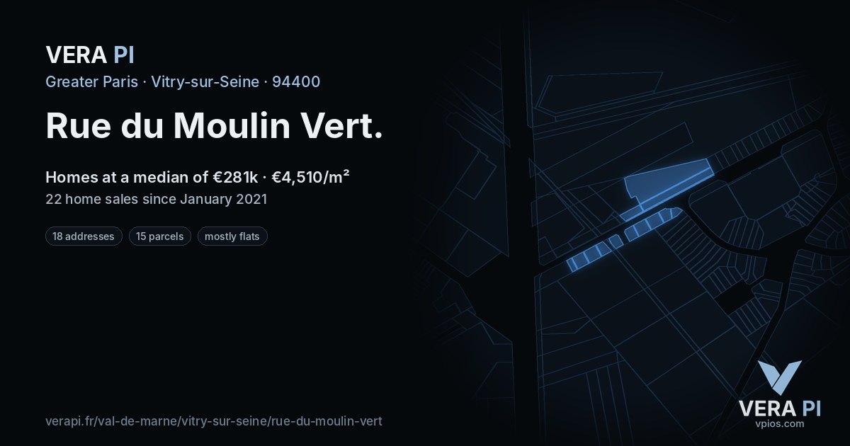 Rue du Moulin Vert, Vitry-sur-Seine at night – every parcel coloured by the prices around it, the street's own parcels lit