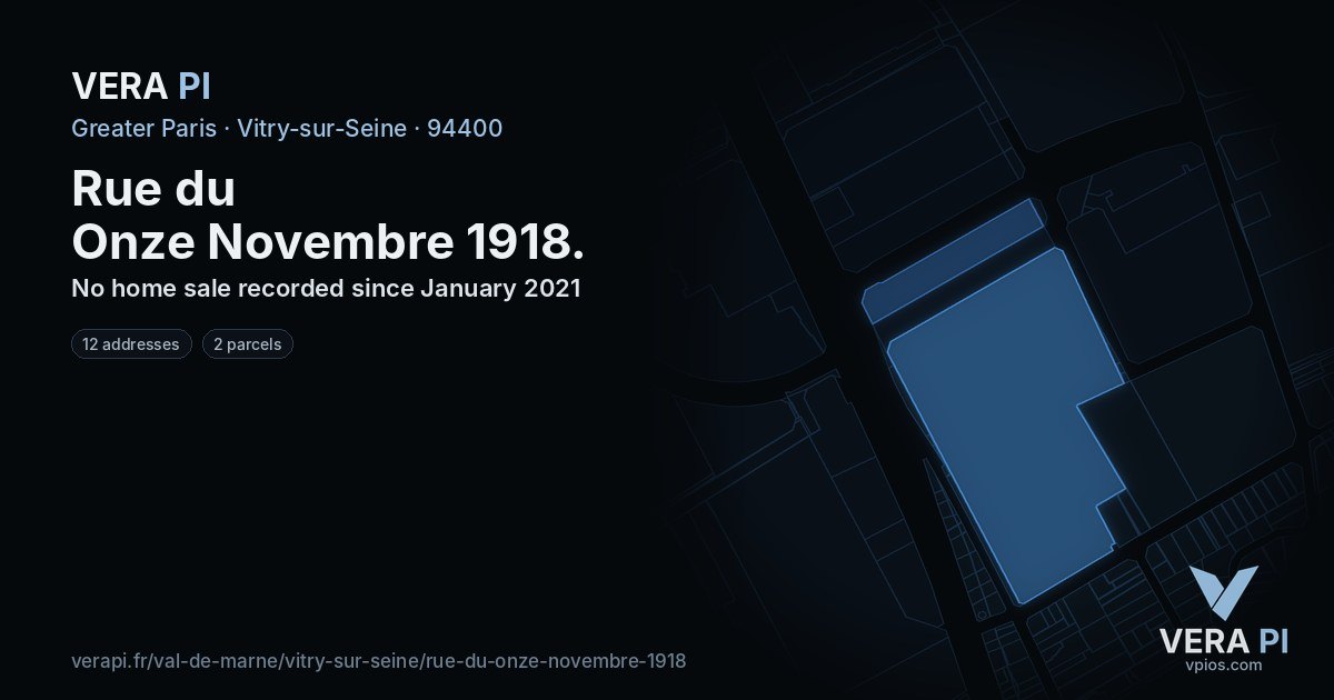 Rue du Onze Novembre 1918, Vitry-sur-Seine at night – every parcel coloured by the prices around it, the street's own parcels lit