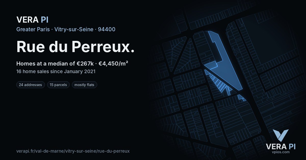 Rue du Perreux, Vitry-sur-Seine at night – every parcel coloured by the prices around it, the street's own parcels lit
