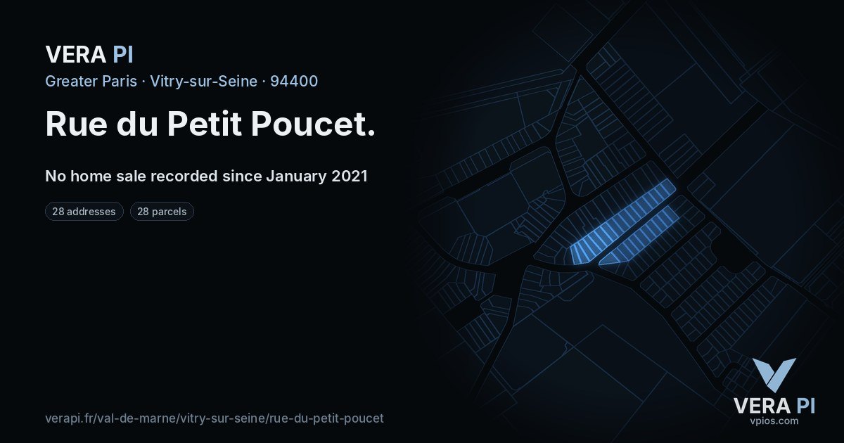 Rue du Petit Poucet, Vitry-sur-Seine at night – every parcel coloured by the prices around it, the street's own parcels lit