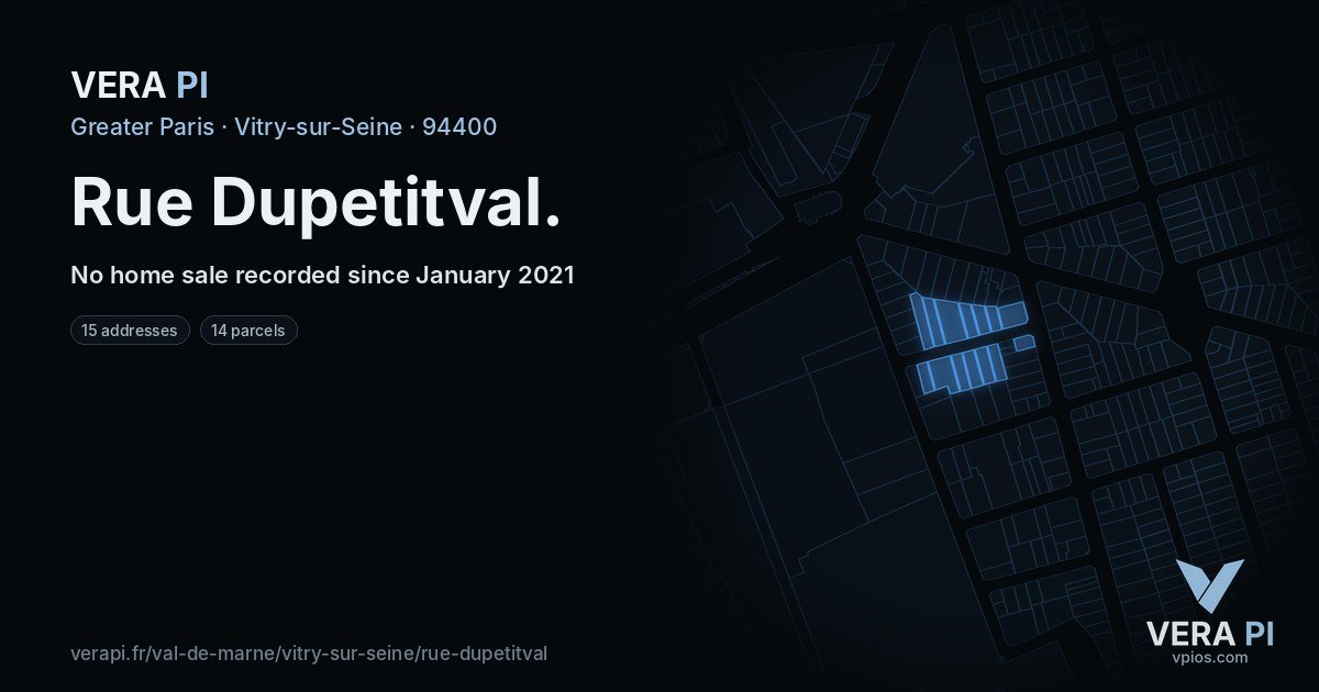 Rue Dupetitval, Vitry-sur-Seine at night – every parcel coloured by the prices around it, the street's own parcels lit