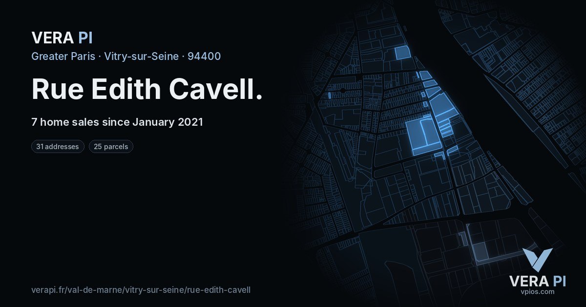 Rue Edith Cavell, Vitry-sur-Seine at night – every parcel coloured by the prices around it, the street's own parcels lit