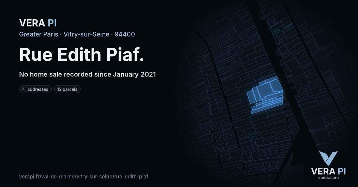 Rue Edith Piaf, Vitry-sur-Seine at night – every parcel coloured by the prices around it, the street's own parcels lit