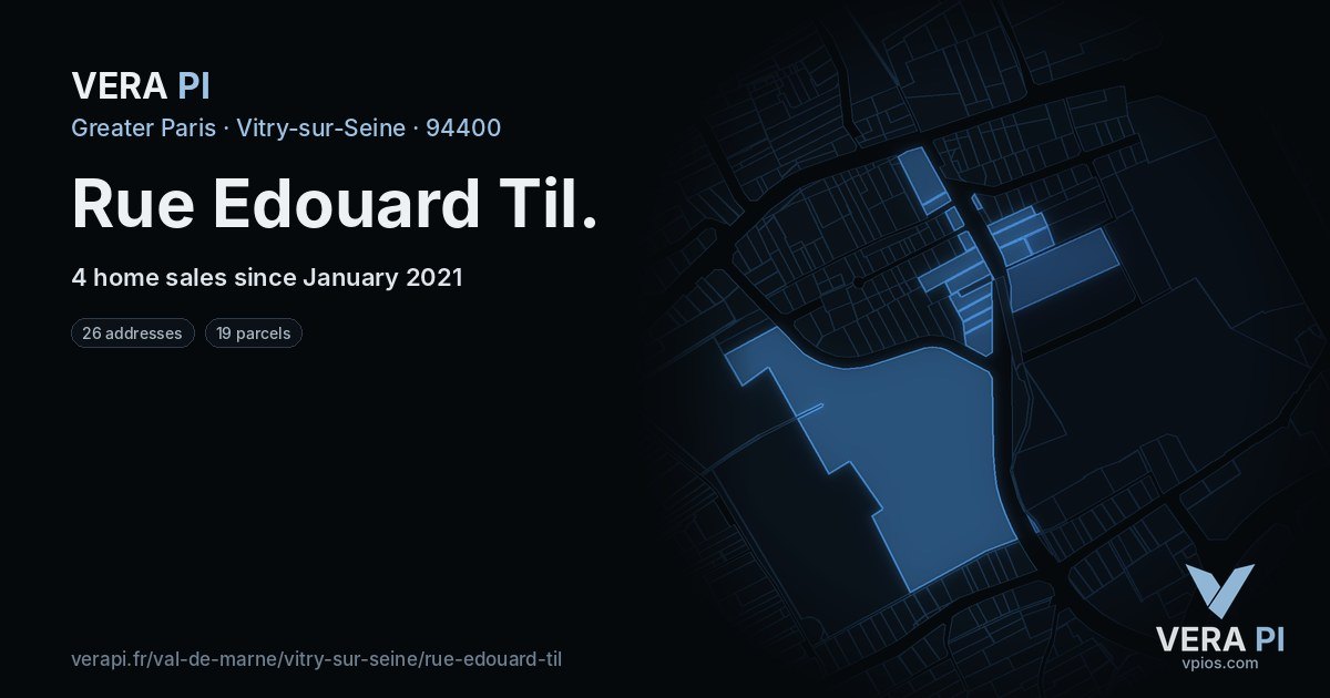Rue Edouard Til, Vitry-sur-Seine at night – every parcel coloured by the prices around it, the street's own parcels lit