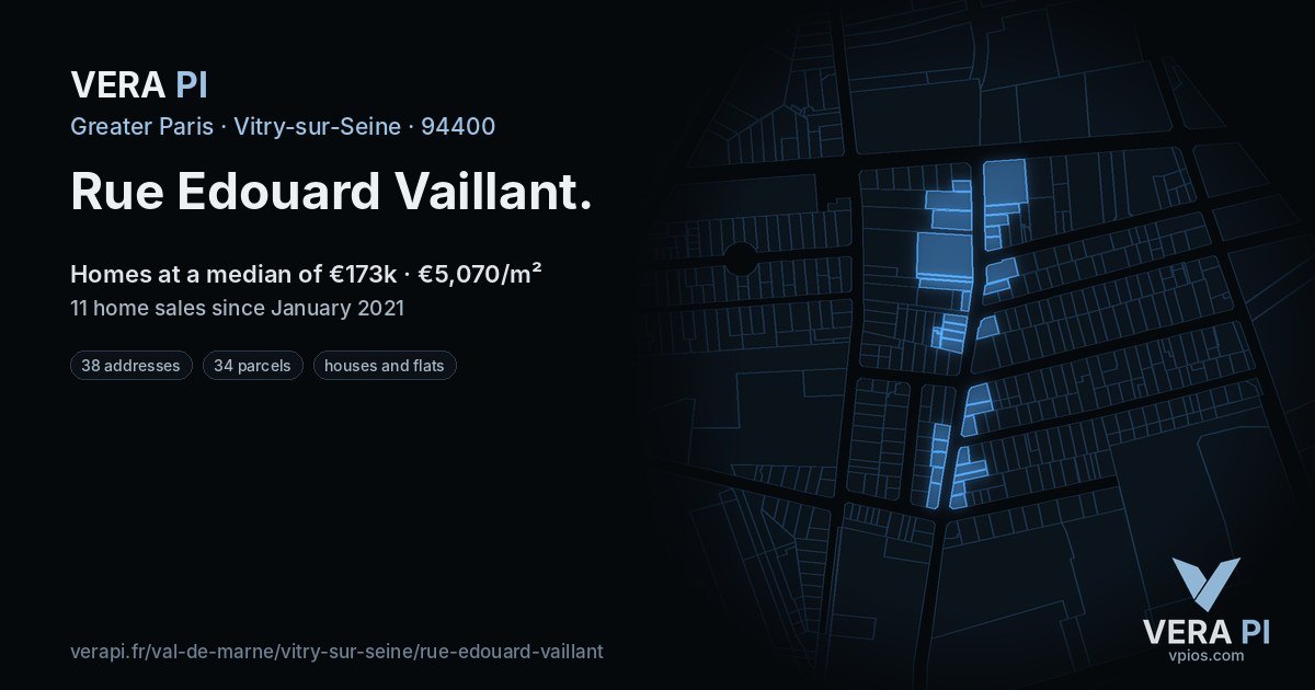 Rue Edouard Vaillant, Vitry-sur-Seine at night – every parcel coloured by the prices around it, the street's own parcels lit