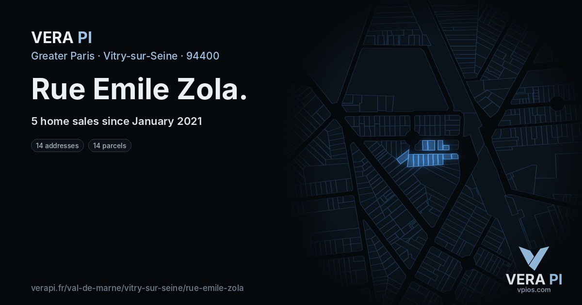 Rue Emile Zola, Vitry-sur-Seine at night – every parcel coloured by the prices around it, the street's own parcels lit