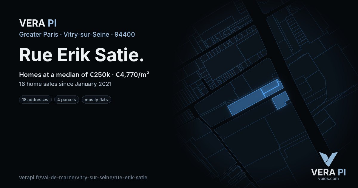Rue Erik Satie, Vitry-sur-Seine at night – every parcel coloured by the prices around it, the street's own parcels lit