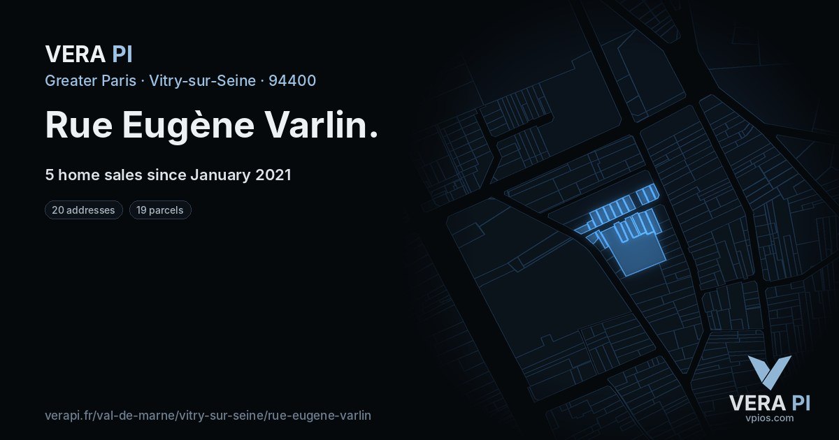 Rue Eugène Varlin, Vitry-sur-Seine at night – every parcel coloured by the prices around it, the street's own parcels lit