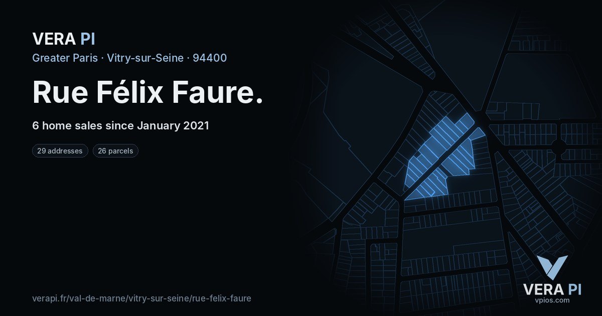 Rue Félix Faure, Vitry-sur-Seine at night – every parcel coloured by the prices around it, the street's own parcels lit