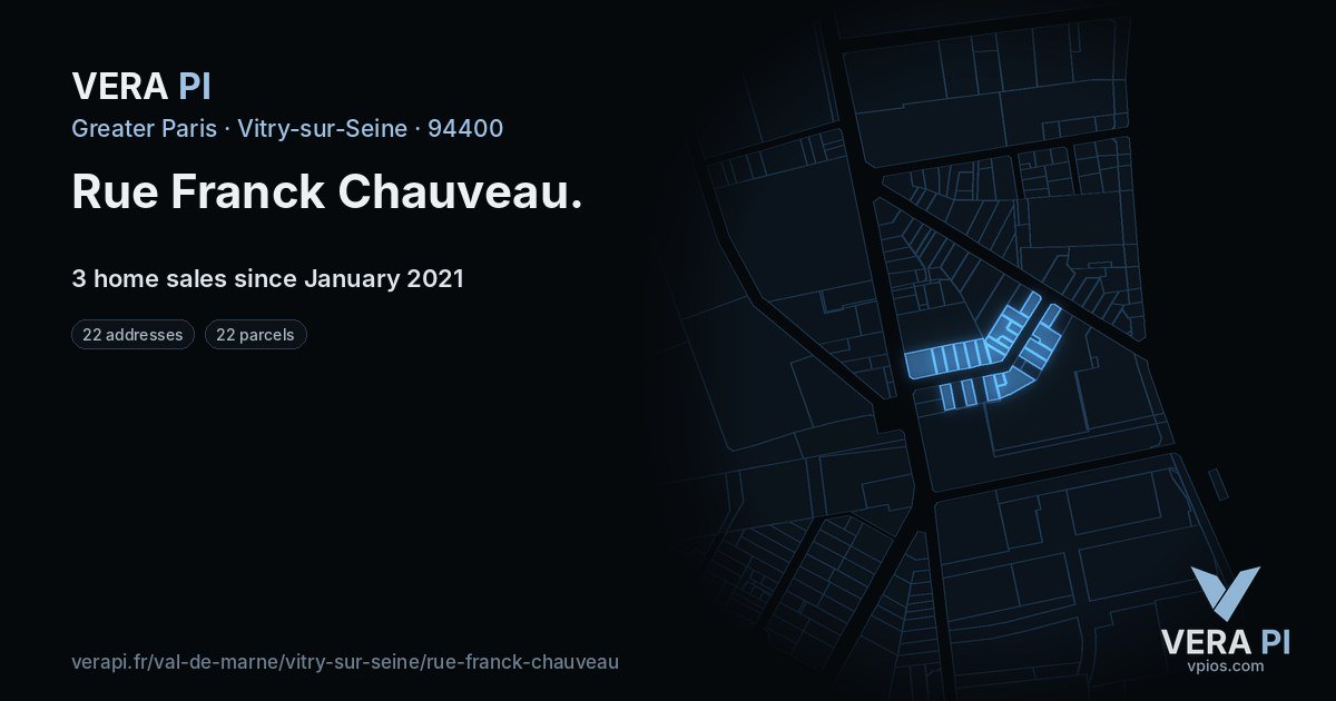 Rue Franck Chauveau, Vitry-sur-Seine at night – every parcel coloured by the prices around it, the street's own parcels lit
