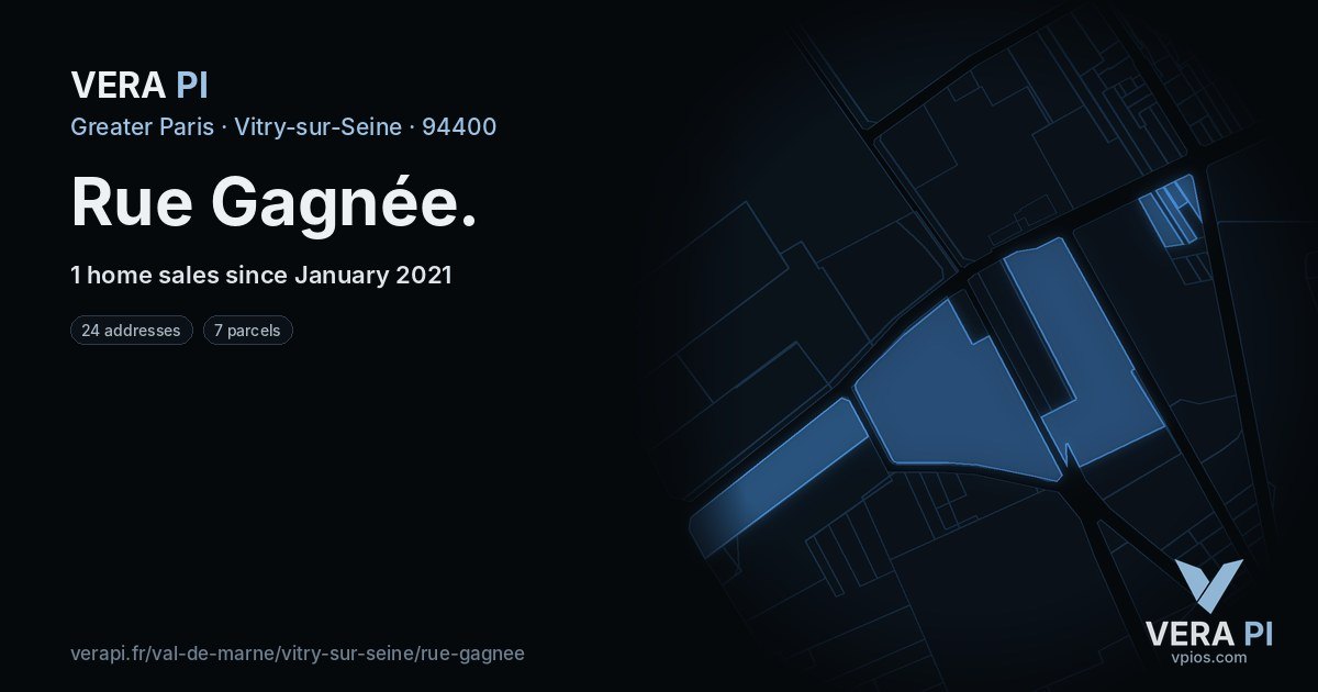 Rue Gagnée, Vitry-sur-Seine at night – every parcel coloured by the prices around it, the street's own parcels lit