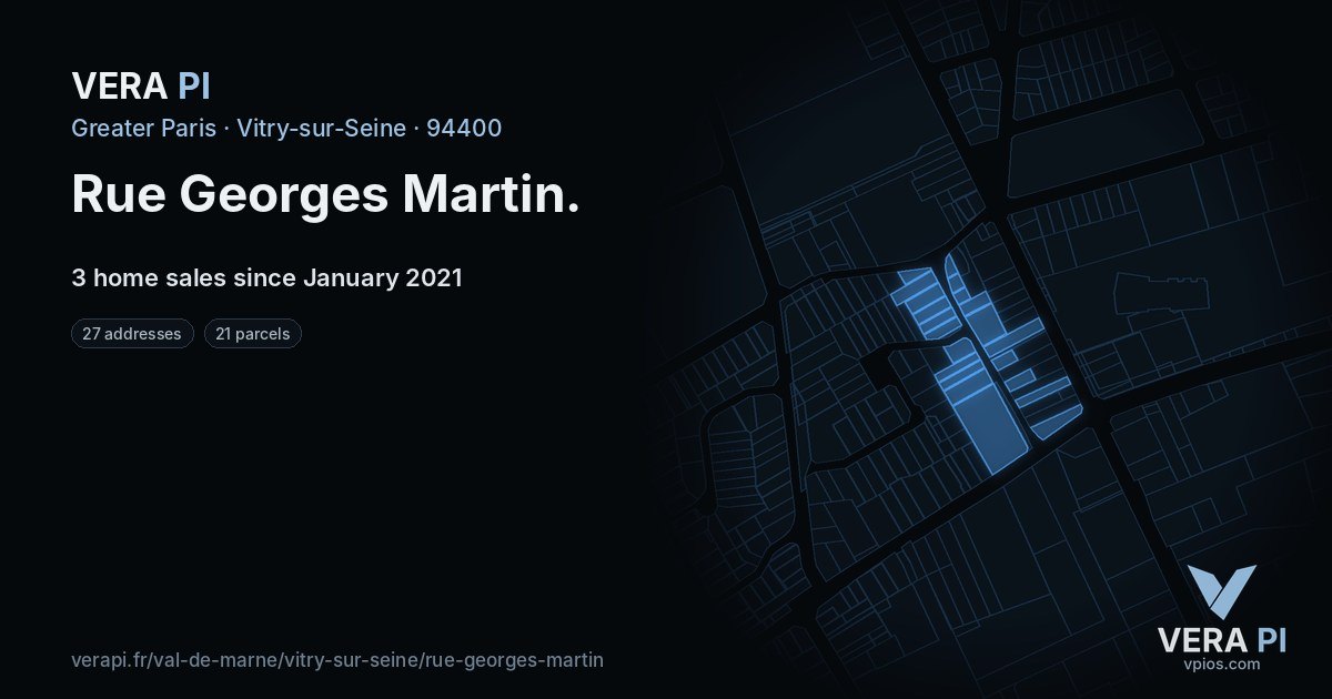 Rue Georges Martin, Vitry-sur-Seine at night – every parcel coloured by the prices around it, the street's own parcels lit