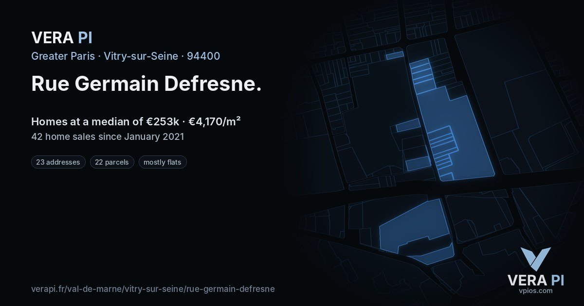 Rue Germain Defresne, Vitry-sur-Seine at night – every parcel coloured by the prices around it, the street's own parcels lit