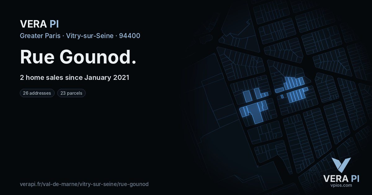 Rue Gounod, Vitry-sur-Seine at night – every parcel coloured by the prices around it, the street's own parcels lit