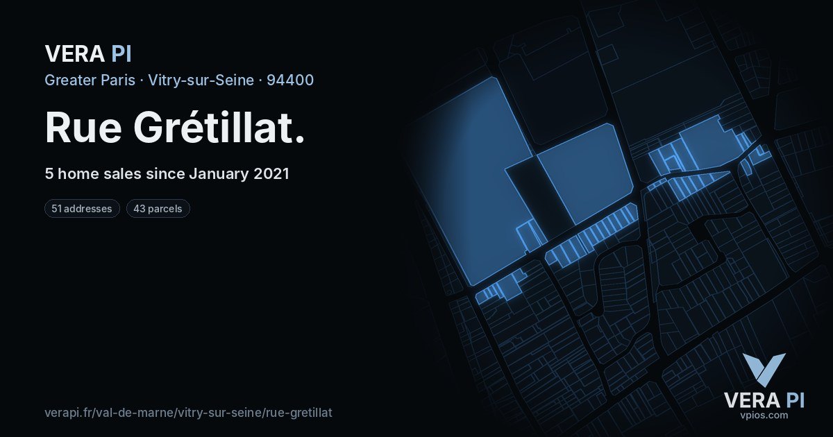 Rue Grétillat, Vitry-sur-Seine at night – every parcel coloured by the prices around it, the street's own parcels lit