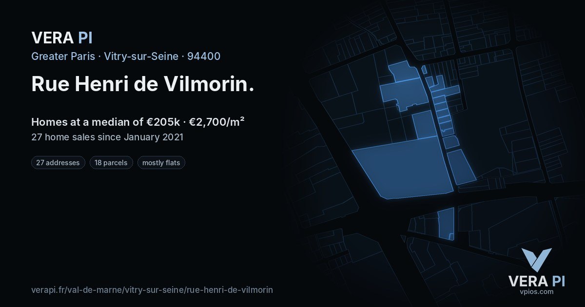 Rue Henri de Vilmorin, Vitry-sur-Seine at night – every parcel coloured by the prices around it, the street's own parcels lit