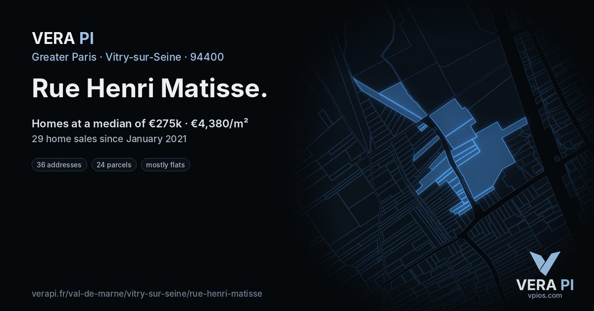 Rue Henri Matisse, Vitry-sur-Seine at night – every parcel coloured by the prices around it, the street's own parcels lit
