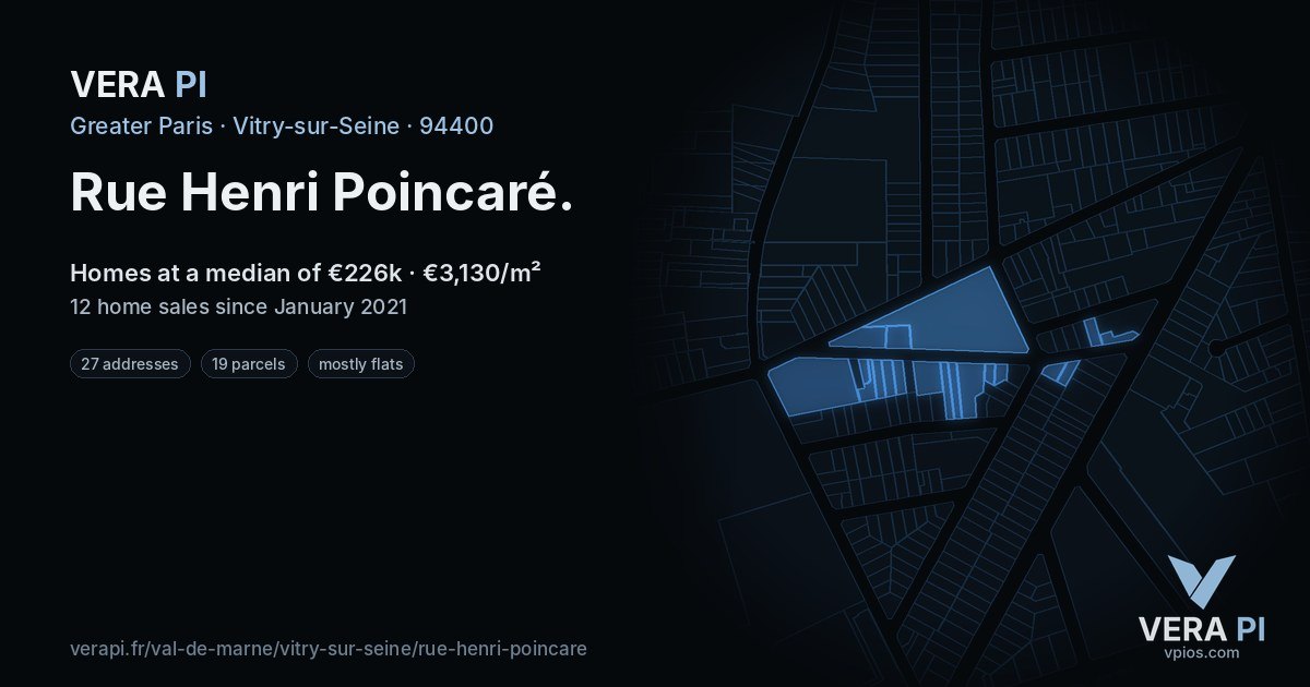 Rue Henri Poincaré, Vitry-sur-Seine at night – every parcel coloured by the prices around it, the street's own parcels lit