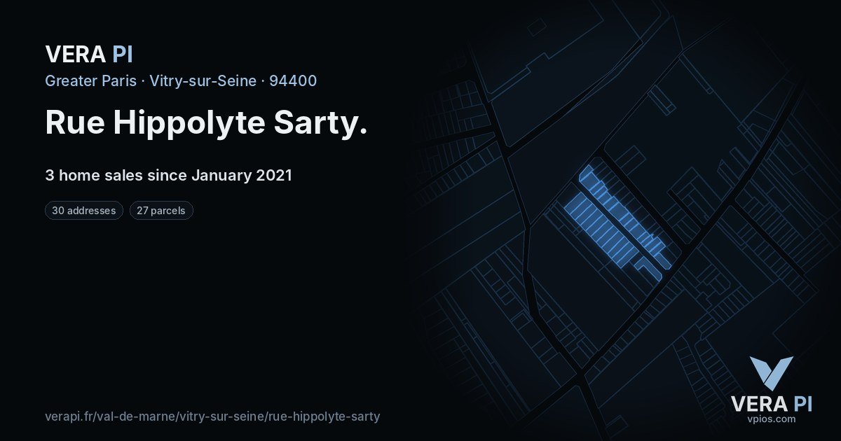 Rue Hippolyte Sarty, Vitry-sur-Seine at night – every parcel coloured by the prices around it, the street's own parcels lit