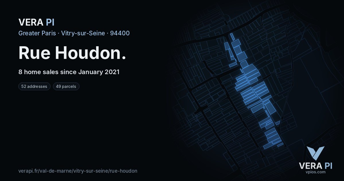 Rue Houdon, Vitry-sur-Seine at night – every parcel coloured by the prices around it, the street's own parcels lit
