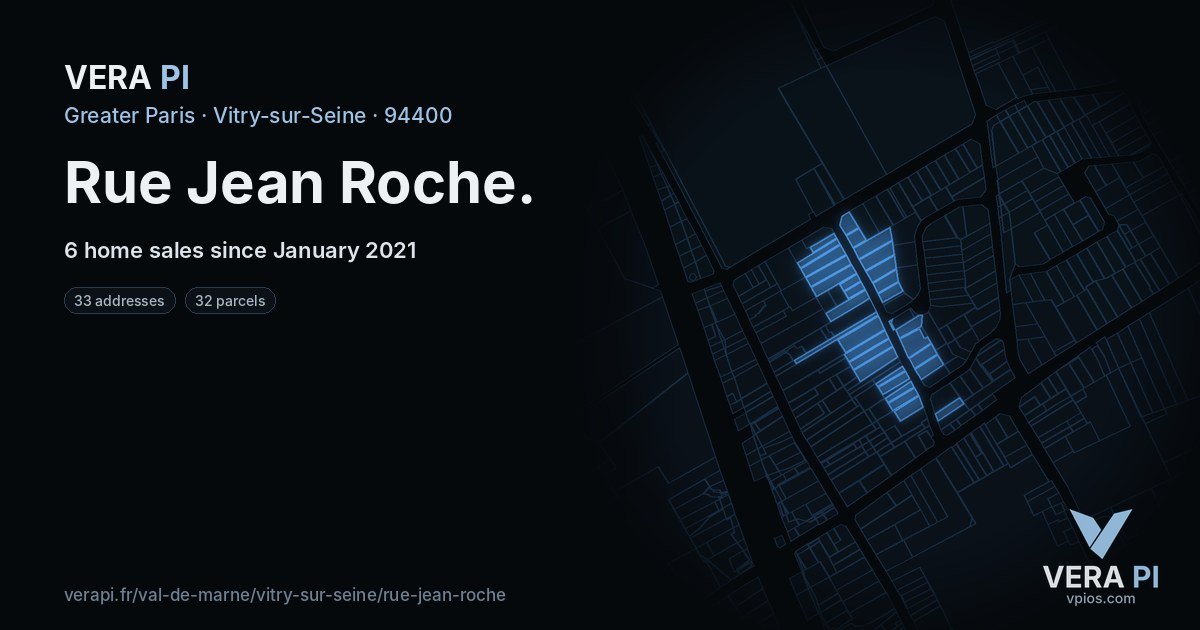 Rue Jean Roche, Vitry-sur-Seine at night – every parcel coloured by the prices around it, the street's own parcels lit