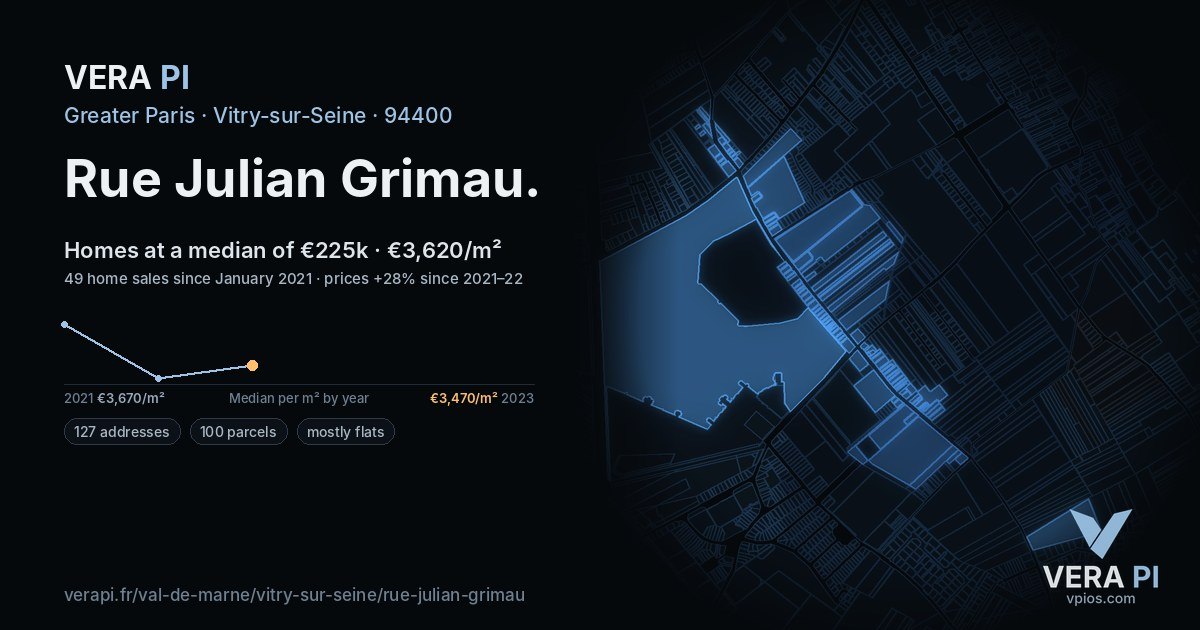 Rue Julian Grimau, Vitry-sur-Seine at night – every parcel coloured by the prices around it, the street's own parcels lit
