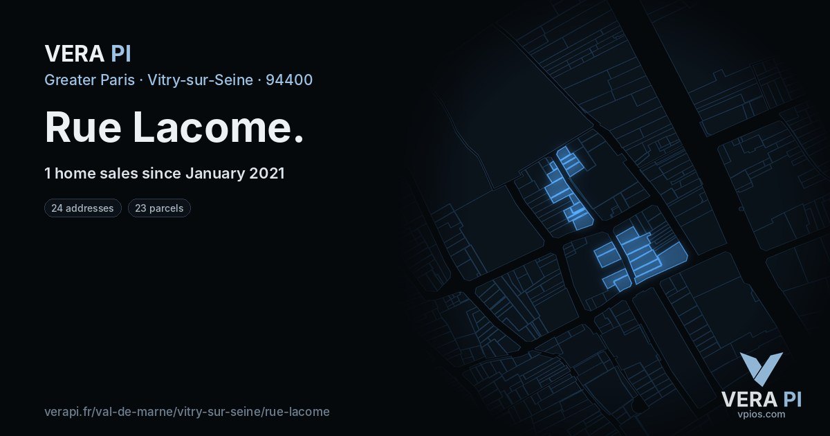 Rue Lacome, Vitry-sur-Seine at night – every parcel coloured by the prices around it, the street's own parcels lit