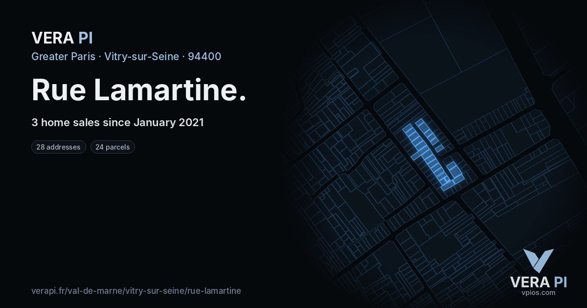 Rue Lamartine, Vitry-sur-Seine at night – every parcel coloured by the prices around it, the street's own parcels lit