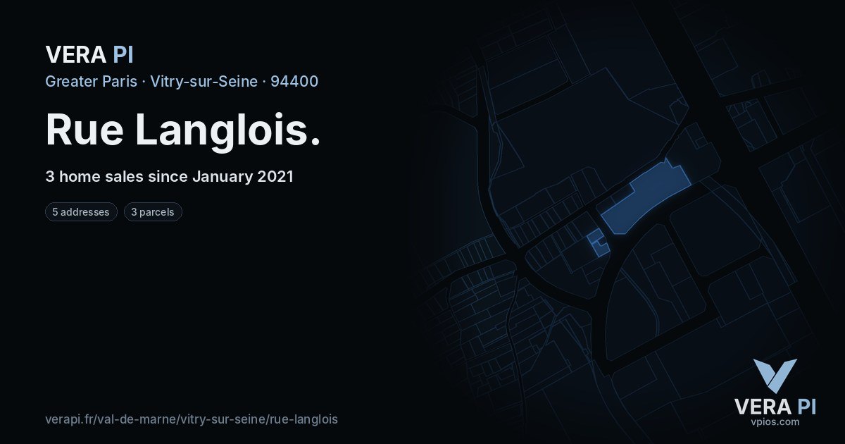 Rue Langlois, Vitry-sur-Seine at night – every parcel coloured by the prices around it, the street's own parcels lit