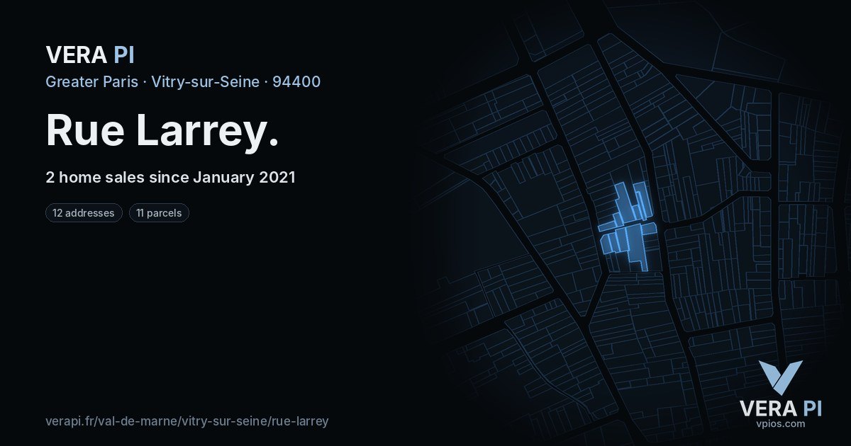 Rue Larrey, Vitry-sur-Seine at night – every parcel coloured by the prices around it, the street's own parcels lit