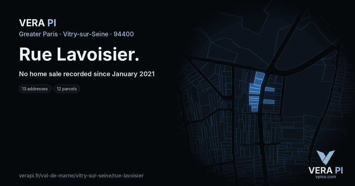 Rue Lavoisier, Vitry-sur-Seine at night – every parcel coloured by the prices around it, the street's own parcels lit
