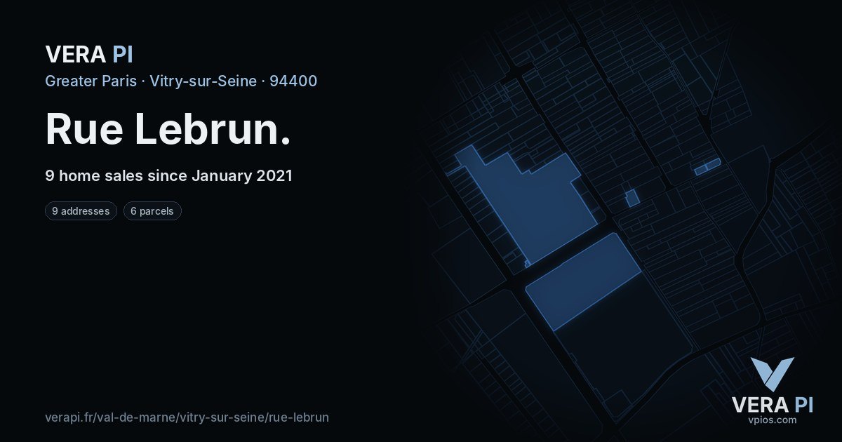 Rue Lebrun, Vitry-sur-Seine at night – every parcel coloured by the prices around it, the street's own parcels lit