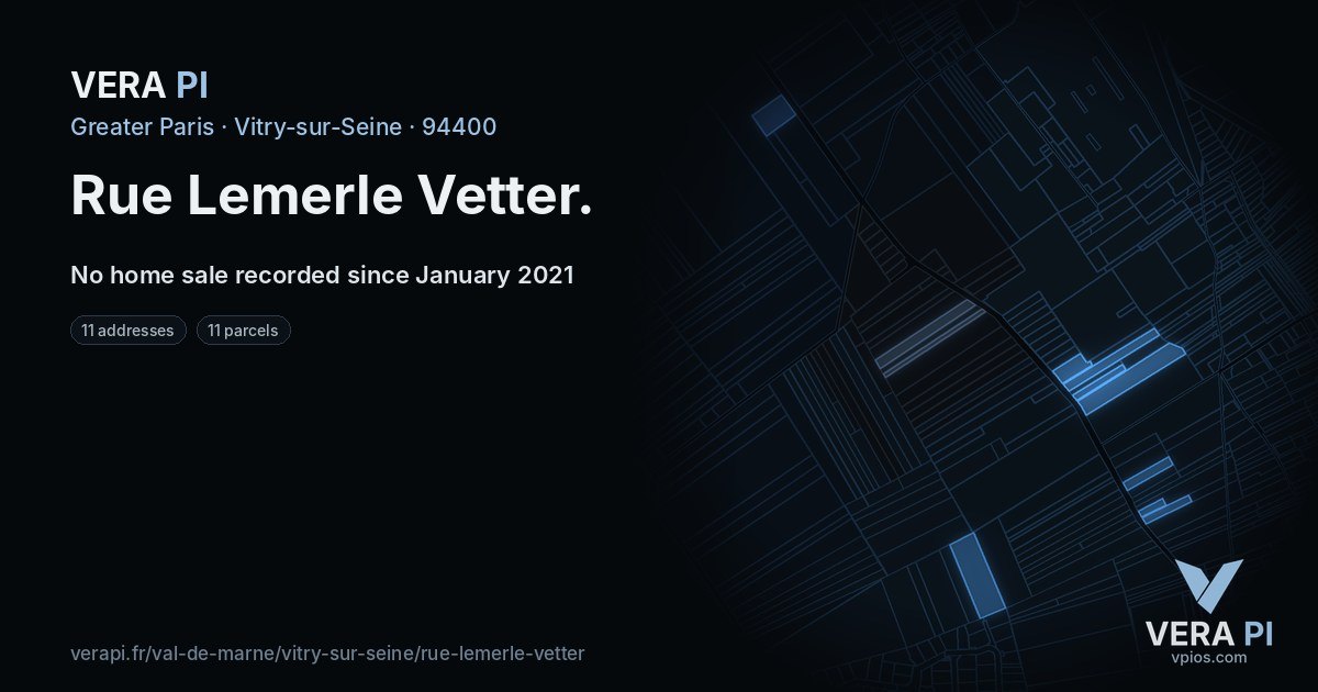 Rue Lemerle Vetter, Vitry-sur-Seine at night – every parcel coloured by the prices around it, the street's own parcels lit