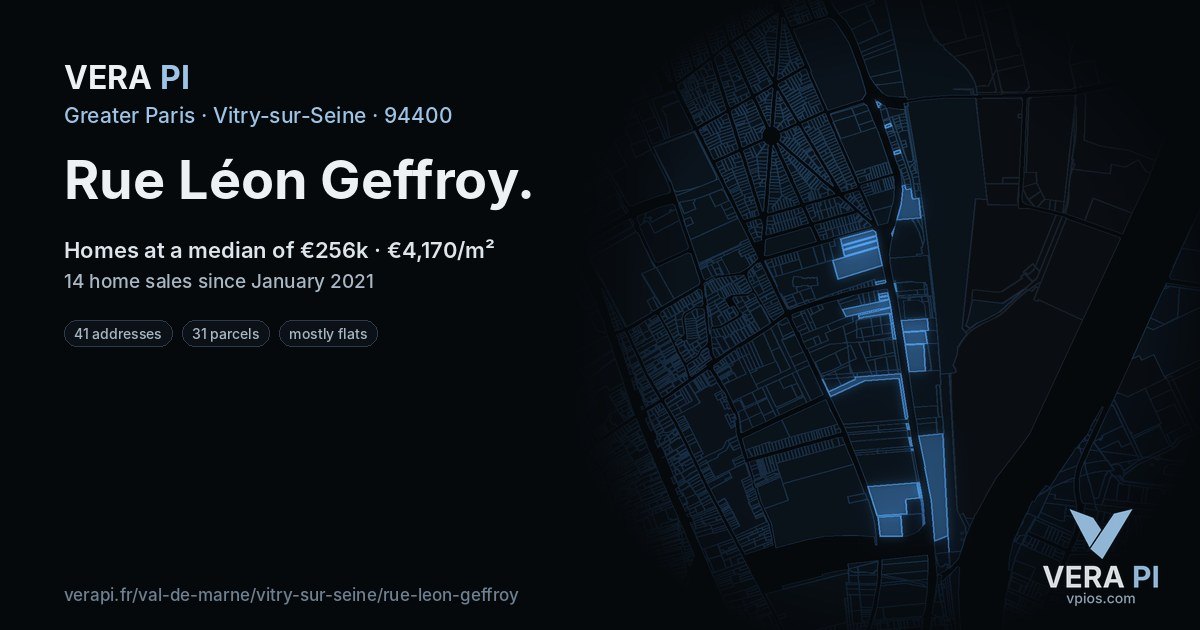 Rue Léon Geffroy, Vitry-sur-Seine at night – every parcel coloured by the prices around it, the street's own parcels lit