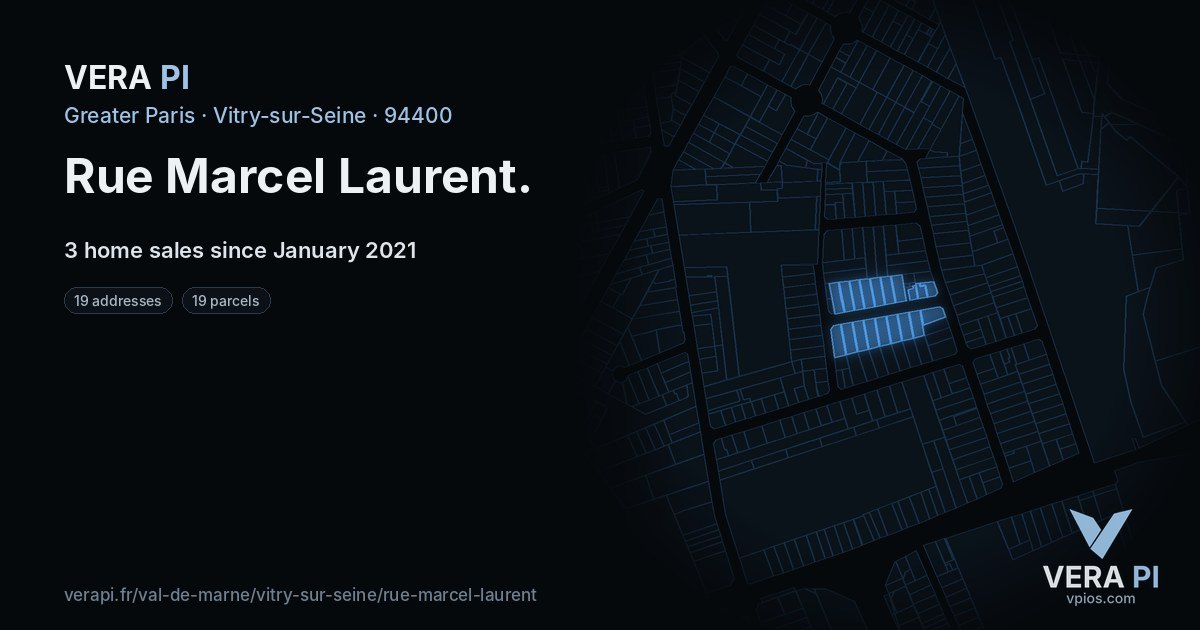 Rue Marcel Laurent, Vitry-sur-Seine at night – every parcel coloured by the prices around it, the street's own parcels lit