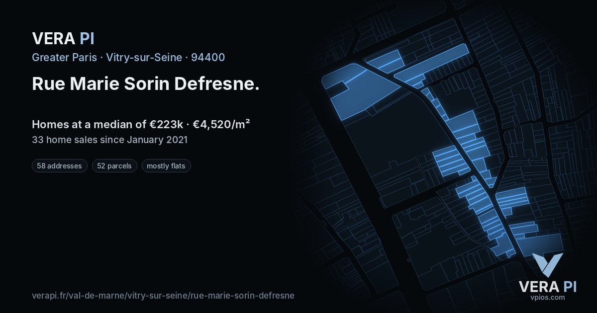 Rue Marie Sorin Defresne, Vitry-sur-Seine at night – every parcel coloured by the prices around it, the street's own parcels lit