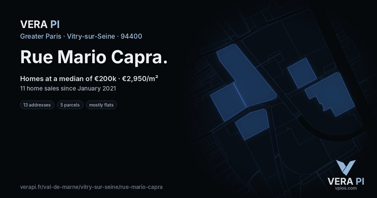 Rue Mario Capra, Vitry-sur-Seine at night – every parcel coloured by the prices around it, the street's own parcels lit