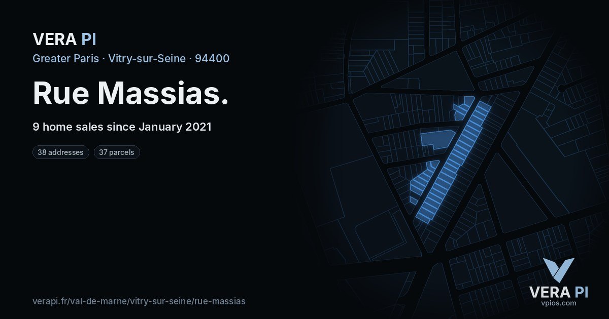 Rue Massias, Vitry-sur-Seine at night – every parcel coloured by the prices around it, the street's own parcels lit