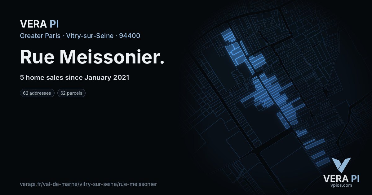Rue Meissonier, Vitry-sur-Seine at night – every parcel coloured by the prices around it, the street's own parcels lit