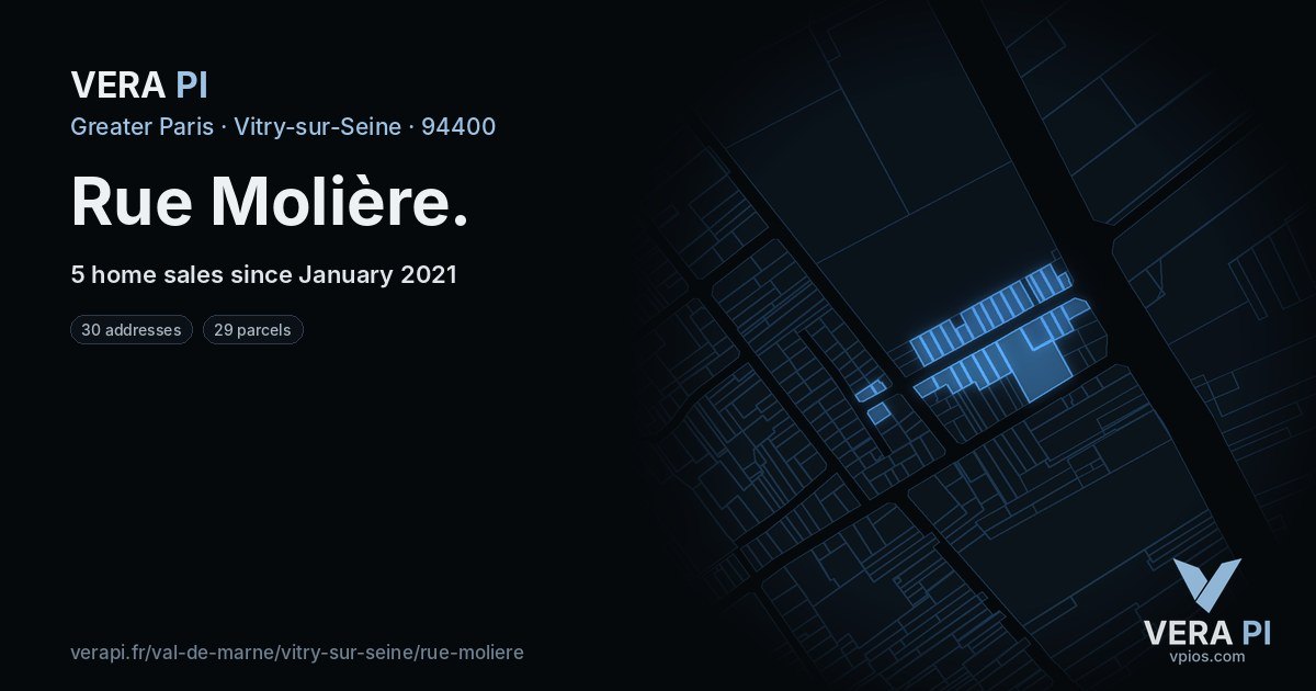 Rue Molière, Vitry-sur-Seine at night – every parcel coloured by the prices around it, the street's own parcels lit